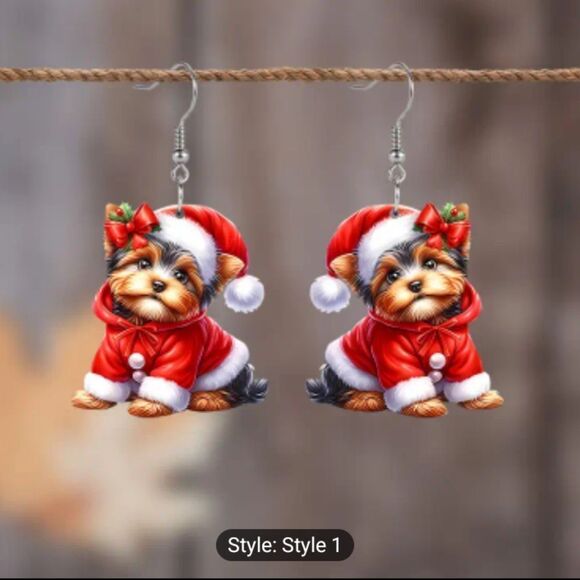 Christmas earrings Yorkie Santa hat dangle acrylic new e70 - Picture 1 of 4
